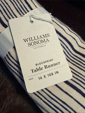 Williams Sonoma Navy and White Striped Blockprint Table Runner 17” x 108”